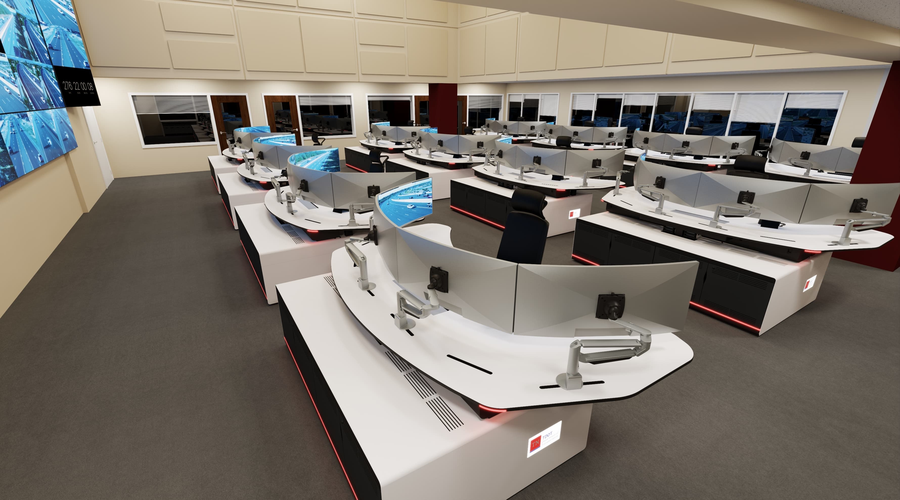 Elite AIR Max high-capacity consoles filling a large command center with curved multi-monitor arrays