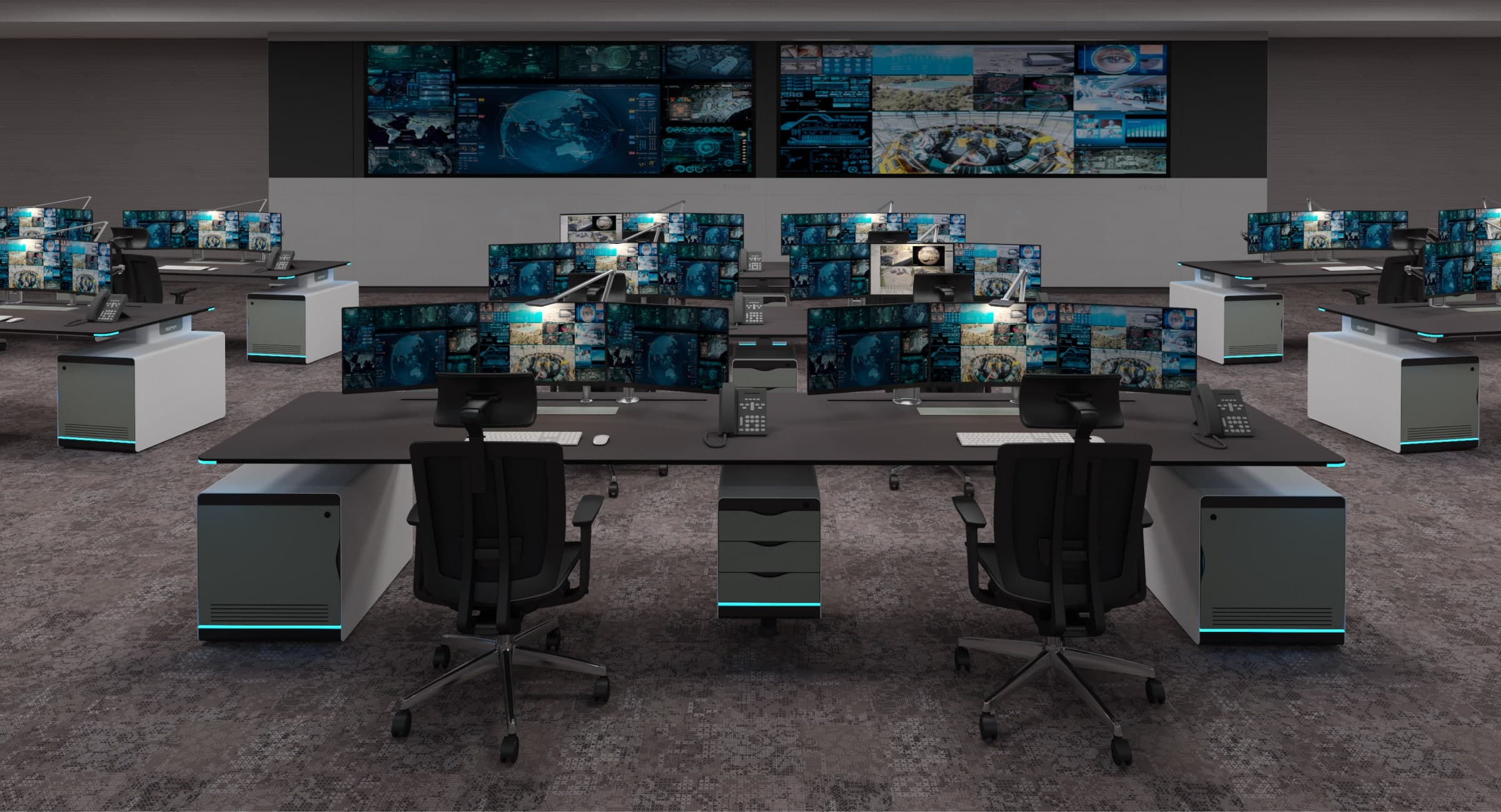 Elite FIX fixed-height control room consoles with multi-monitor operator stations and a data video wall