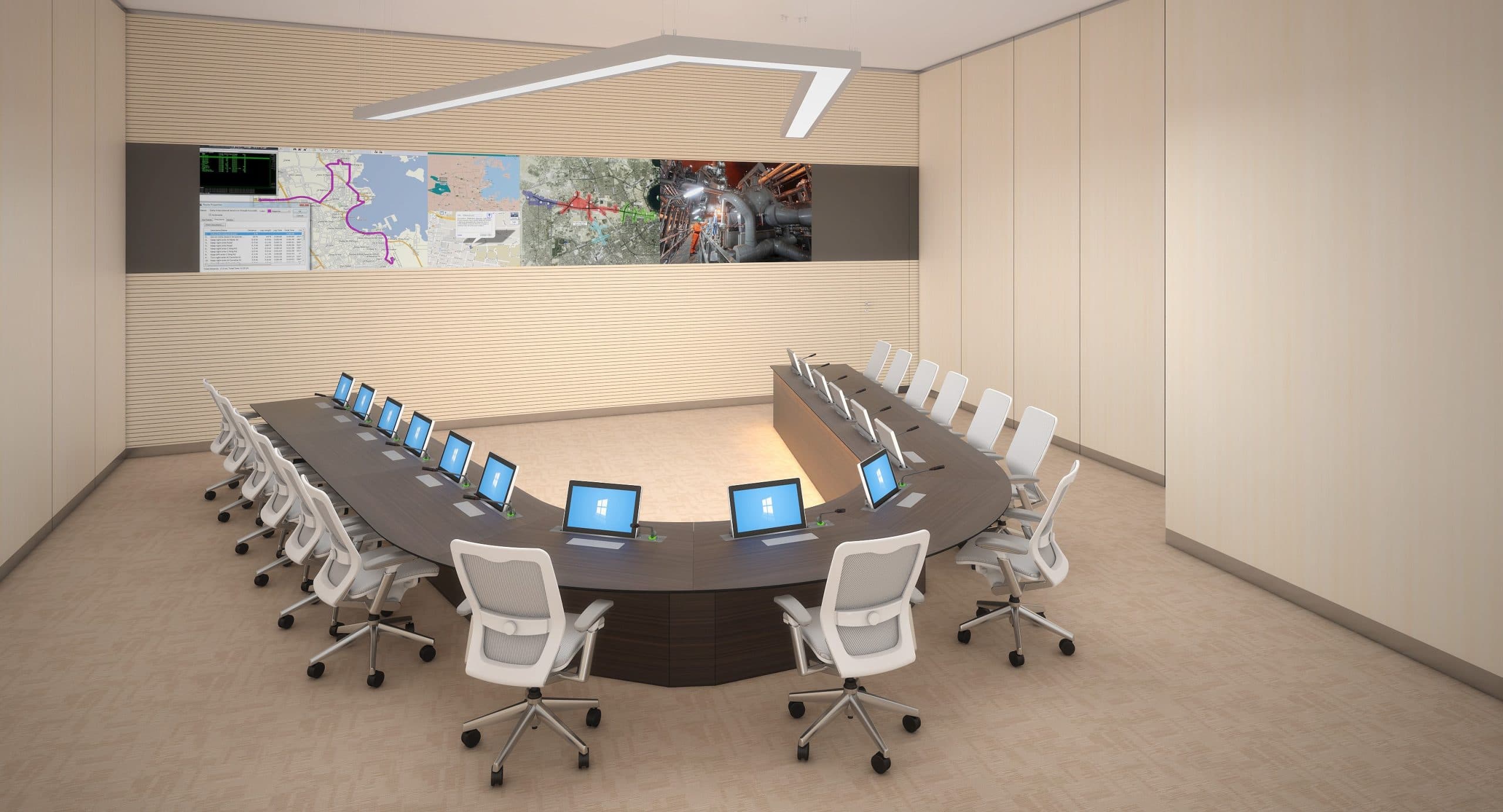 Elite MEET U-shaped conference table with built-in connectivity facing a wall-mounted map display