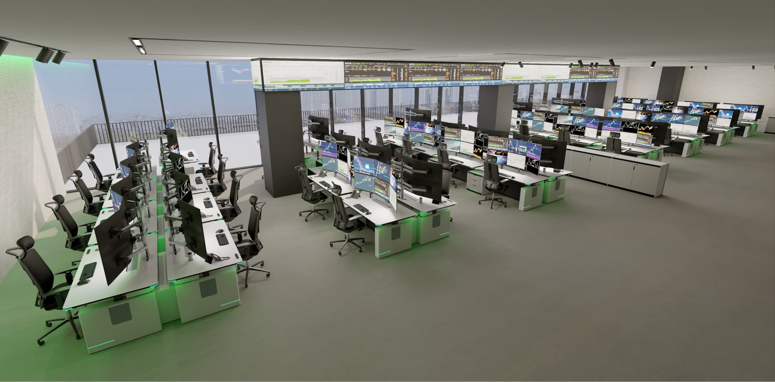 Elite TRADE trading-floor consoles in rows across an open operations floor with perimeter windows