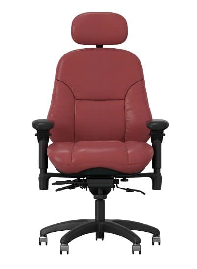 24/7 mission-critical operator chair in burgundy leather with a high back and adjustable arms